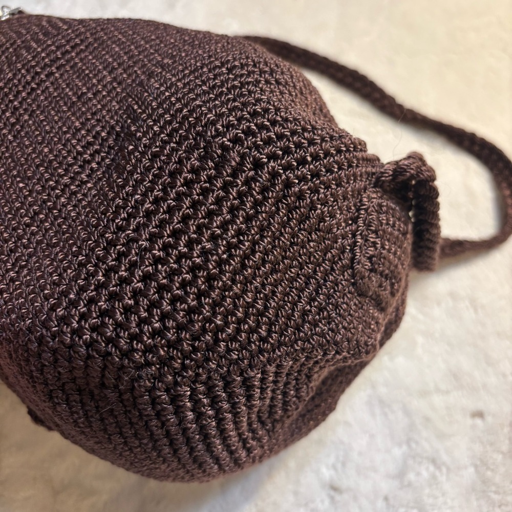 The Sak OMG Mini Backpack Chocolate Brown Crochet Knit Drawstring Pockets Boho - Picture 15 of 16